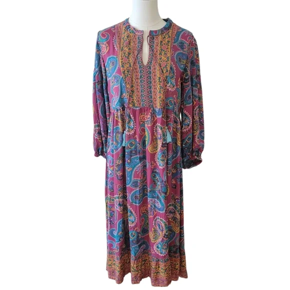 World‎ Market Berry Pink Paisley Print Midi Length Dress Size SM-M - Picture 2 of 6